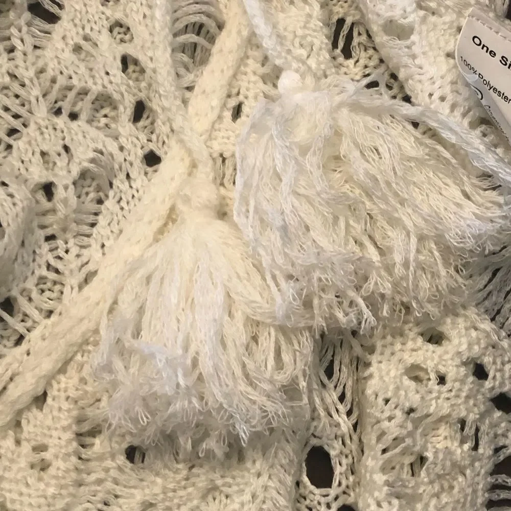 Suzanne Betro White Crochet Swim Coverup with Tassels